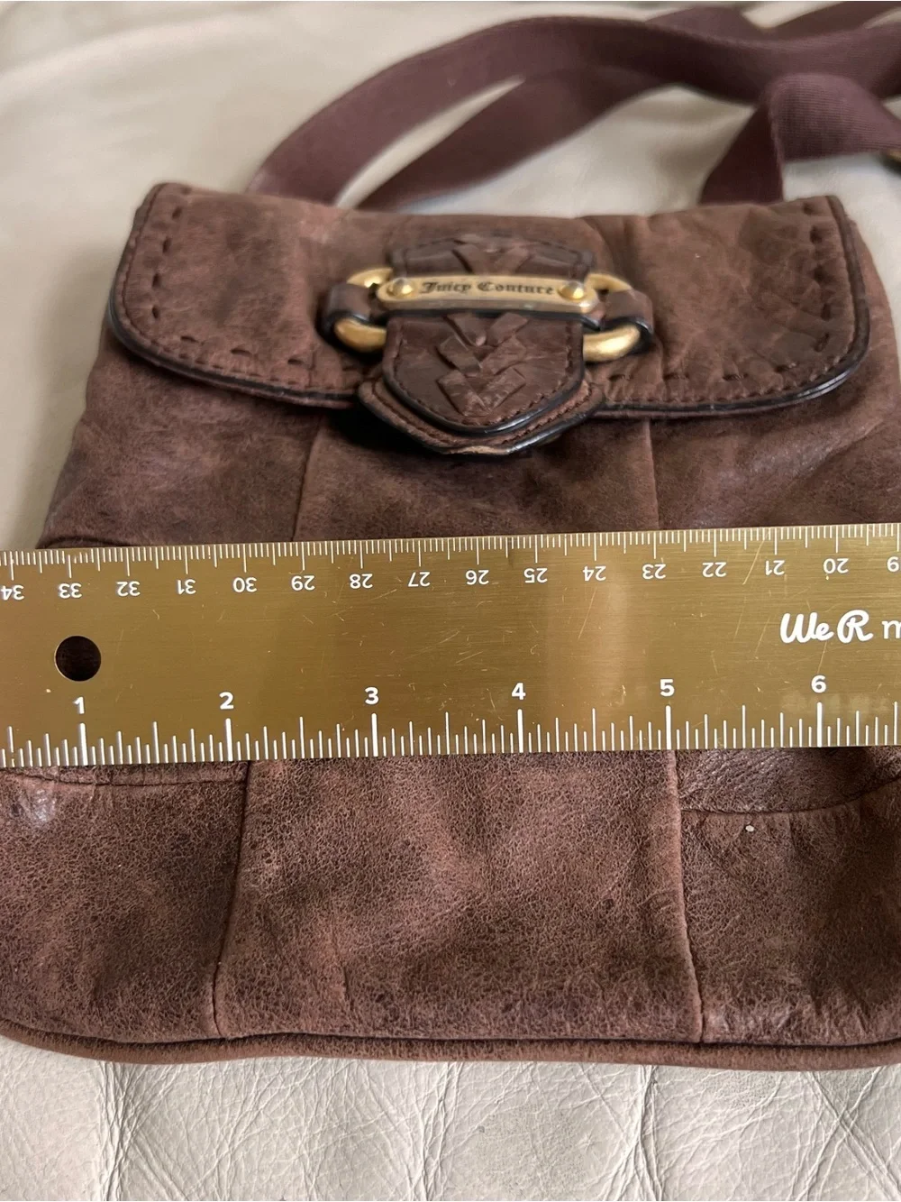 Juicy Couture Brown Leather Messenger Crossbody with Gold-Tone Logo Plate